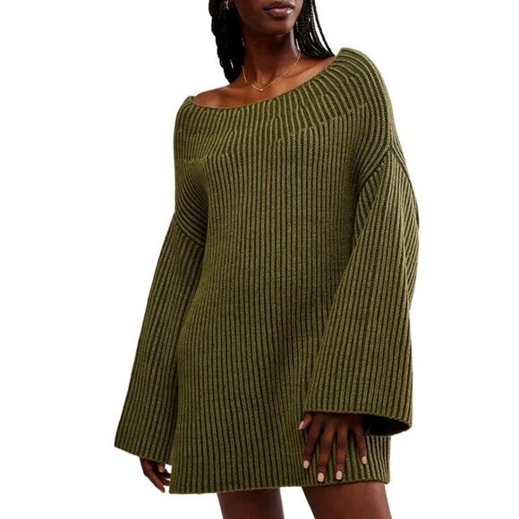 Free People New Charlotte Tunic Sweater Boat Neck Chive Combo Green Size Small - Picture 3 of 16